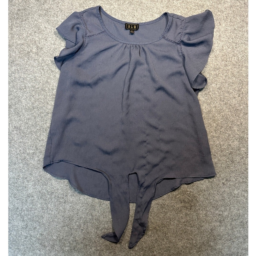BLM Flutter Sleeve Tie Front Top Size Large Blue Crepe Textured Blouse